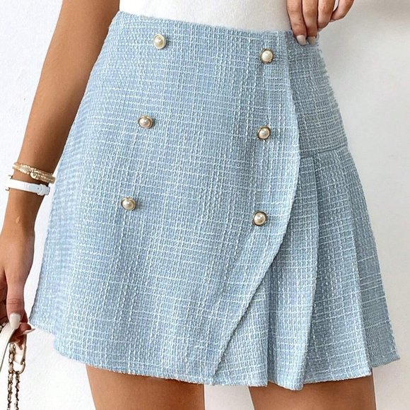 Light Blue Preppy Womens Pleated Fake Button Tweed Skirt - Picture 2 of 5
